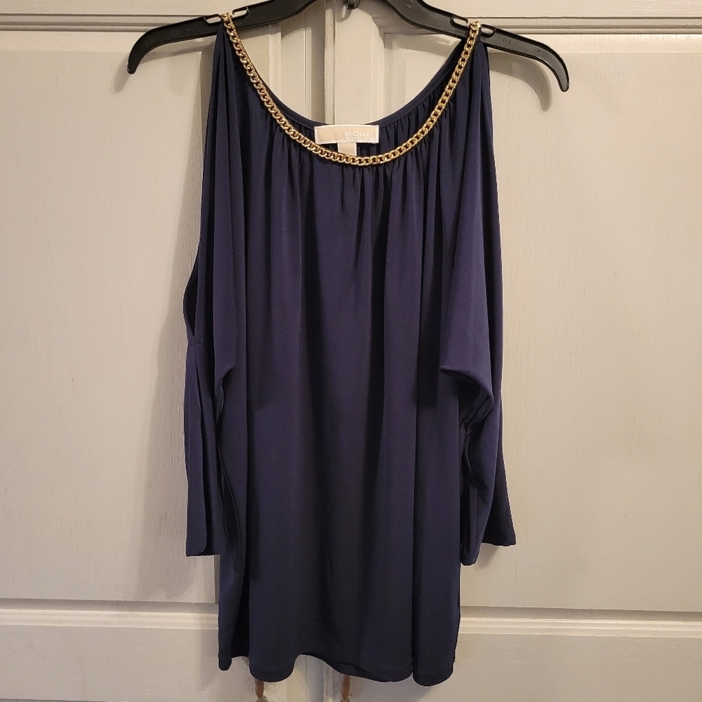 Michael Kors Cold Shoulder Gold Chain Neckline Blouse